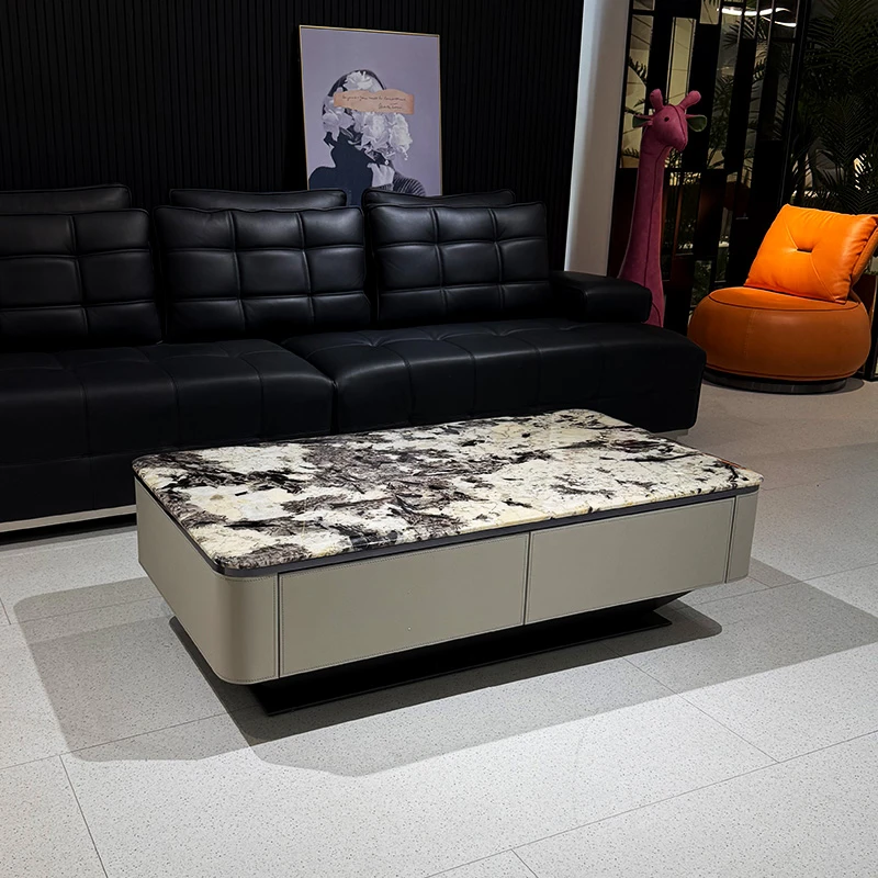 新款雪山兰雪山飞狐奢石长方形马鞍皮意式风轻奢风现代风客厅茶几