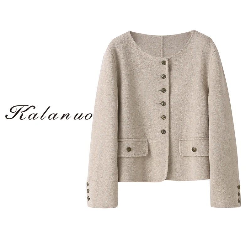 【卡拉诺】2024季新款纯色气质百搭轻奢休闲显瘦圆领大衣20661