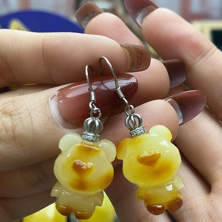 琥珀耳饰银S925镶嵌耳环