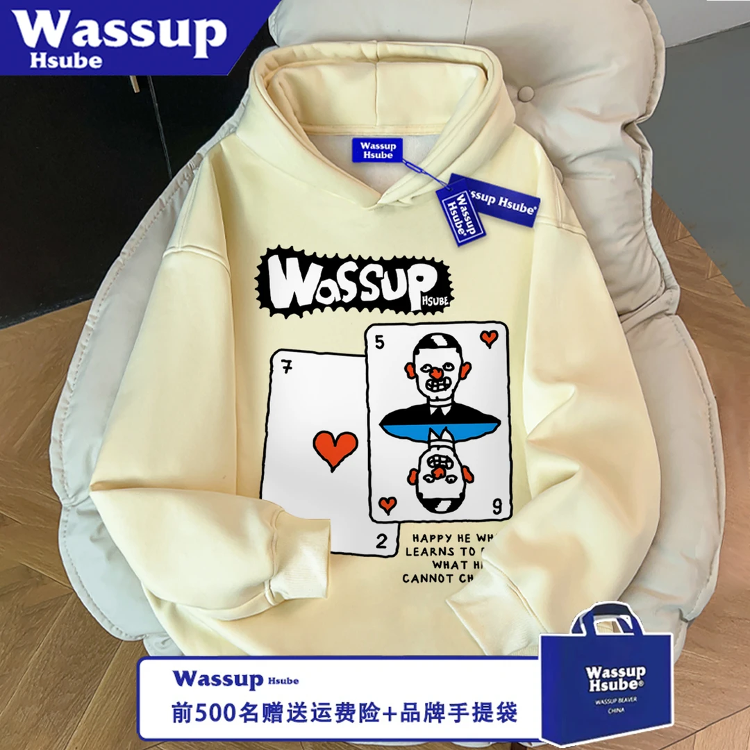 WASSUP HSUBE宽松秋冬季扑克牌卫衣连帽无口袋男女情侣休闲上衣