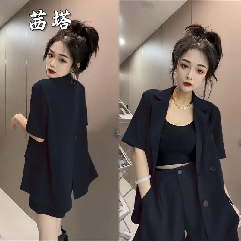 职业套装女夏设计感小众2025小个子御姐炸街黑色小西装短裤两件套