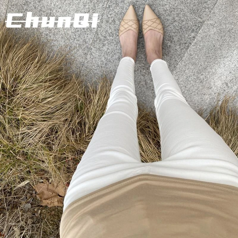 淳启白色牛仔裤女高腰夏季长裤紧身弹力新款九分小脚铅笔裤子潮流