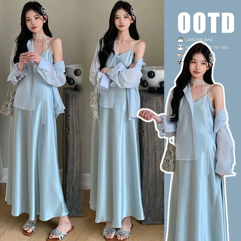 孕妇装时尚洋气时髦夏季2025新款连衣裙简约吊带裙防晒衬衫上衣