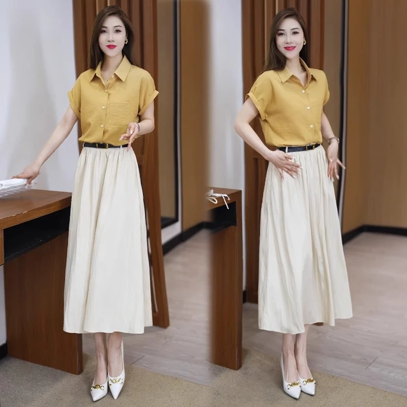 套装裙女2025夏季新款时髦洋气翻领黄色上衣短袖衬衫半身裙两件套