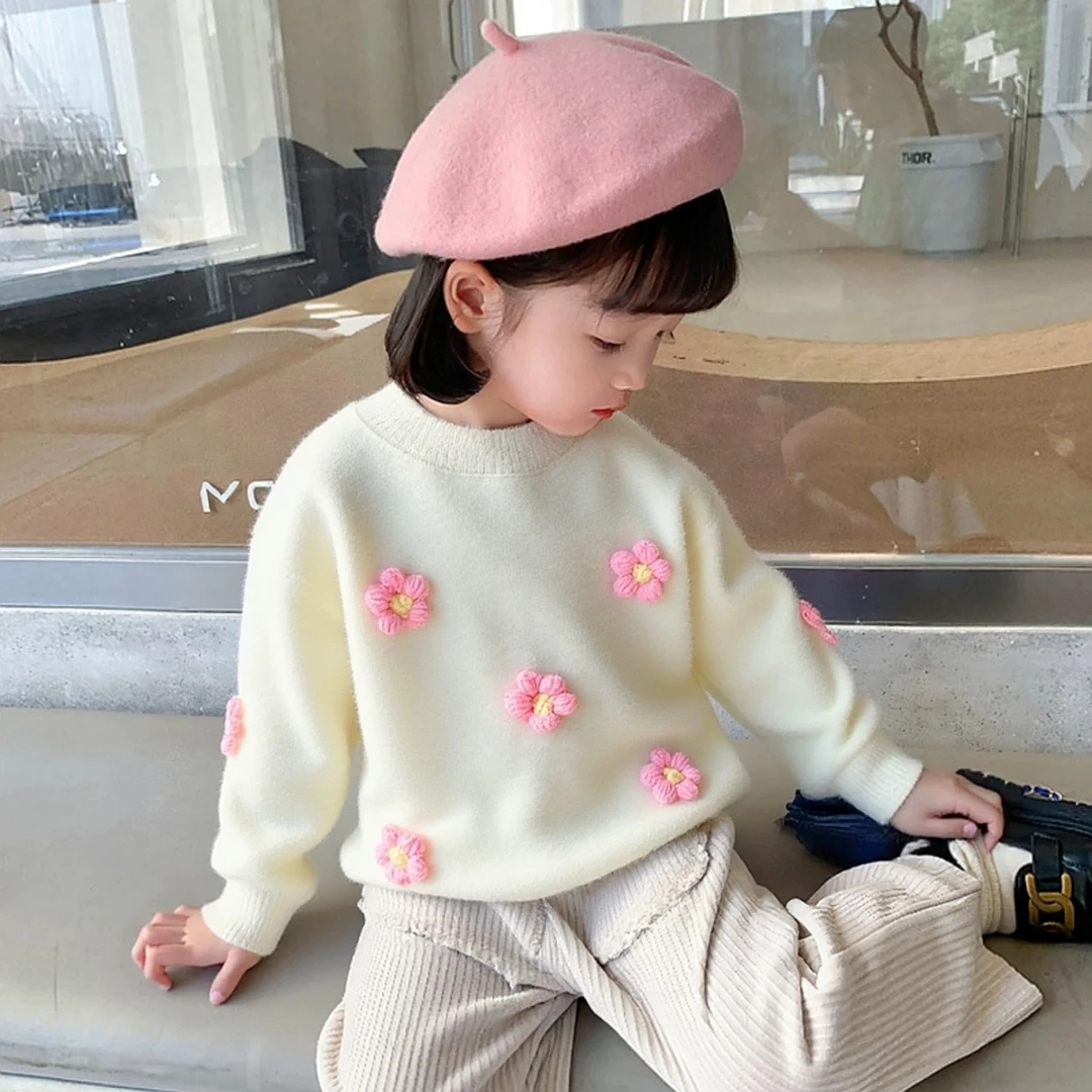 女童毛衣套头针织衫中大童仿水貂一体绒儿童宝宝花朵装饰打底外套