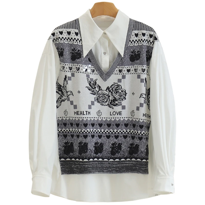 F621-【芭】拼接针织宽松假两件长袖衬衫#RBD55S052