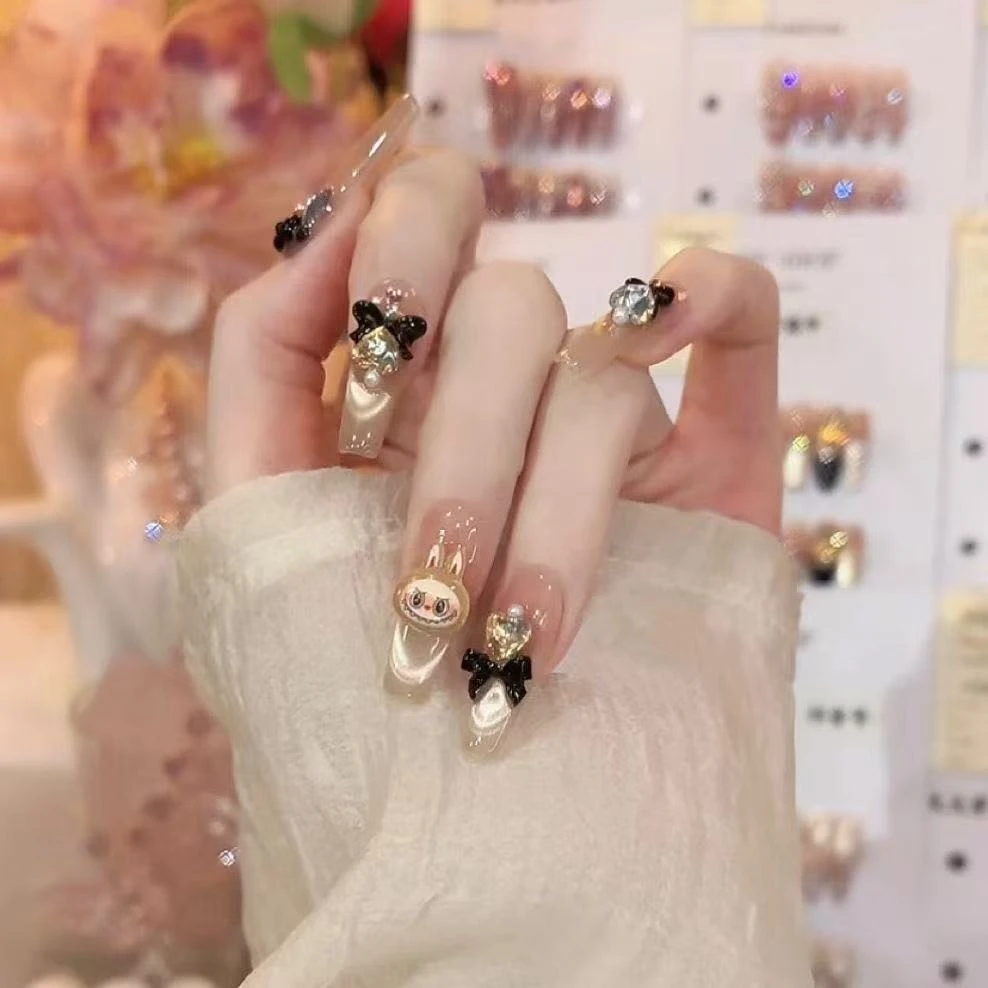 纯手工穿戴甲蝴蝶结微笑猫眼美甲贴10片装显白百搭美甲