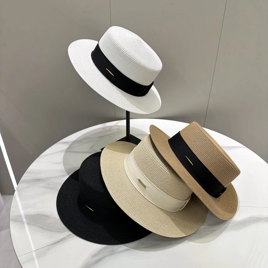 法式平顶帽女草帽编织英伦时尚礼帽百搭帽子复古度假防晒遮阳帽