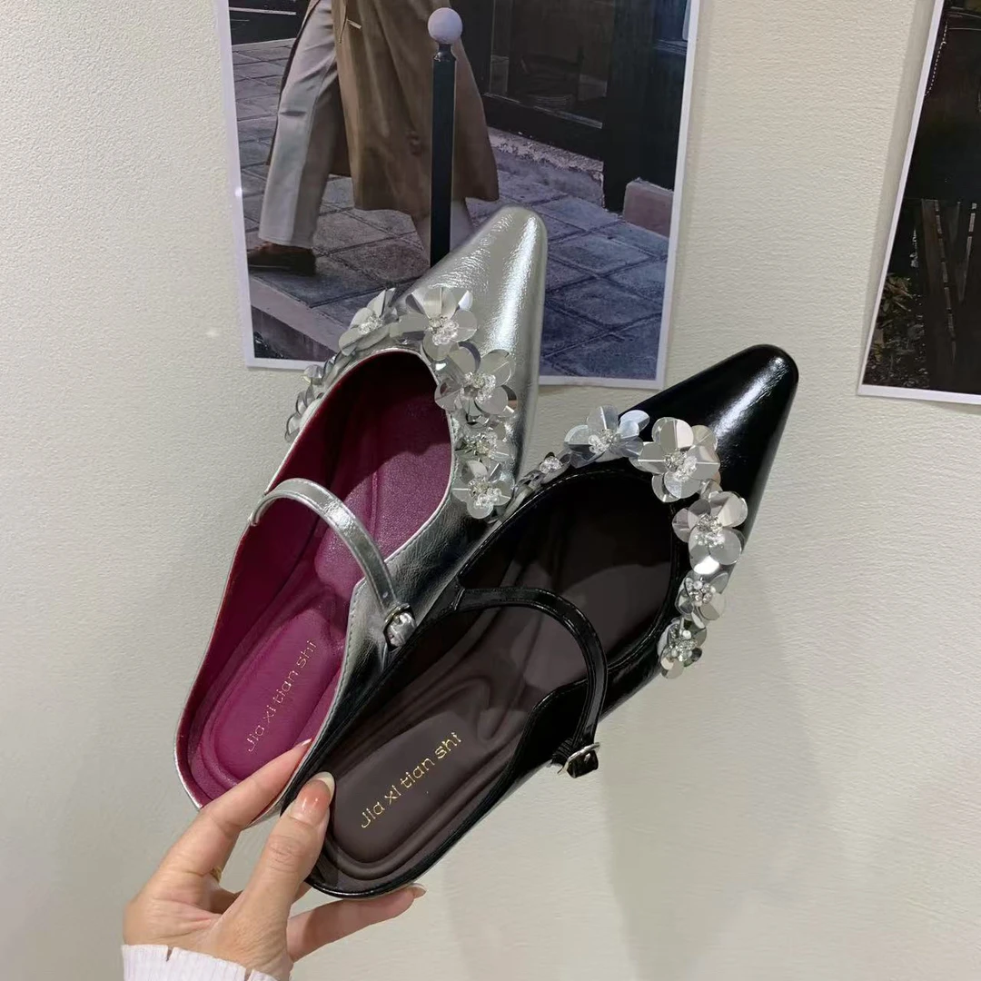 6886-39仙女风尖头低跟浅口跟鞋时尚单鞋法式纯色增高女鞋拖鞋