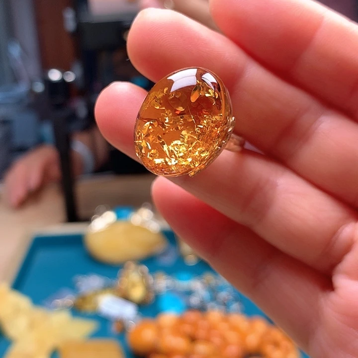 银S925镀金镶嵌琥珀手链波兰设计款琥珀蜜蜡戒指