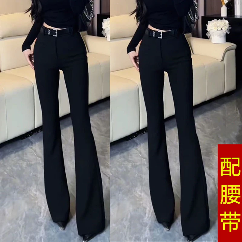 2025春秋新款韩版时尚黑色百搭高腰显瘦女气质高弹西装微喇叭裤子