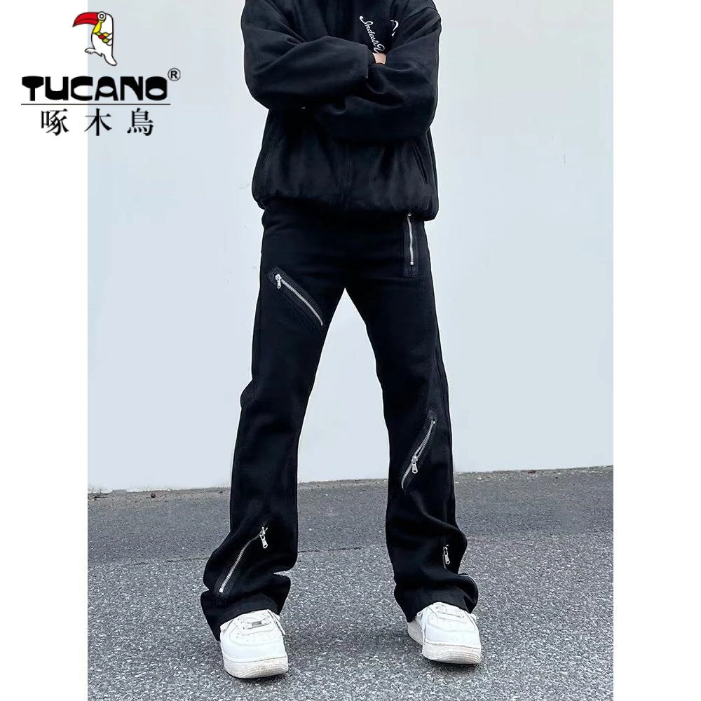 拉链设计感牛仔裤男潮in高街小众男生黑色喇叭裤高腰阔腿裤