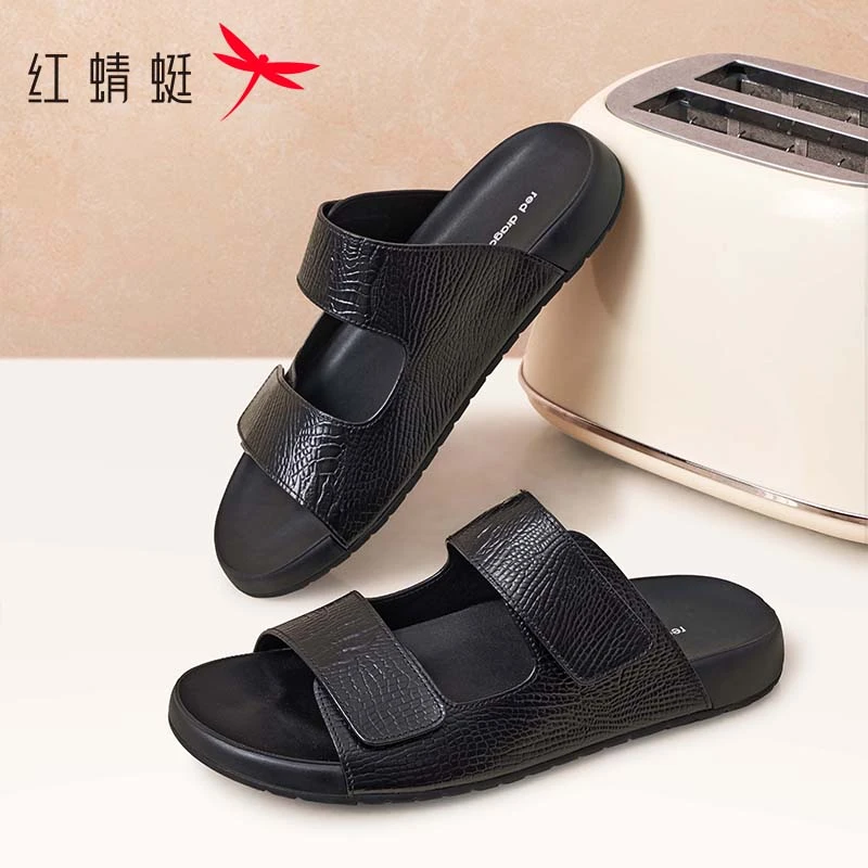 红蜻蜓一字拖2025夏季新款男鞋真皮舒适外穿拖鞋软底勃肯鞋凉鞋男