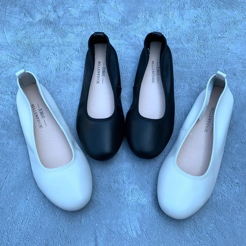 品牌断码清仓处理春季浅口头层牛皮圆头平底软皮软底单鞋