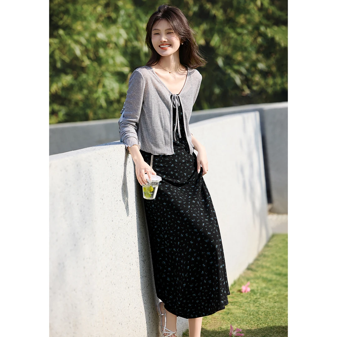 XWI/欣未针织衫吊带连衣裙套装25春新气质雅韵繁花浪漫连衣裙套装