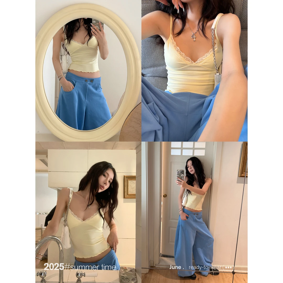 SUNONEONE 修身v领蕾丝可调节吊带背心女夏修身短款上衣H1111D