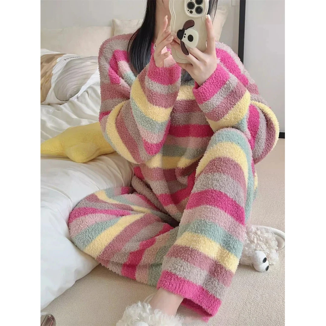 宽松阔腿高腰加厚加绒套装睡衣家居服秋冬甜美风女款|女冬季睡衣