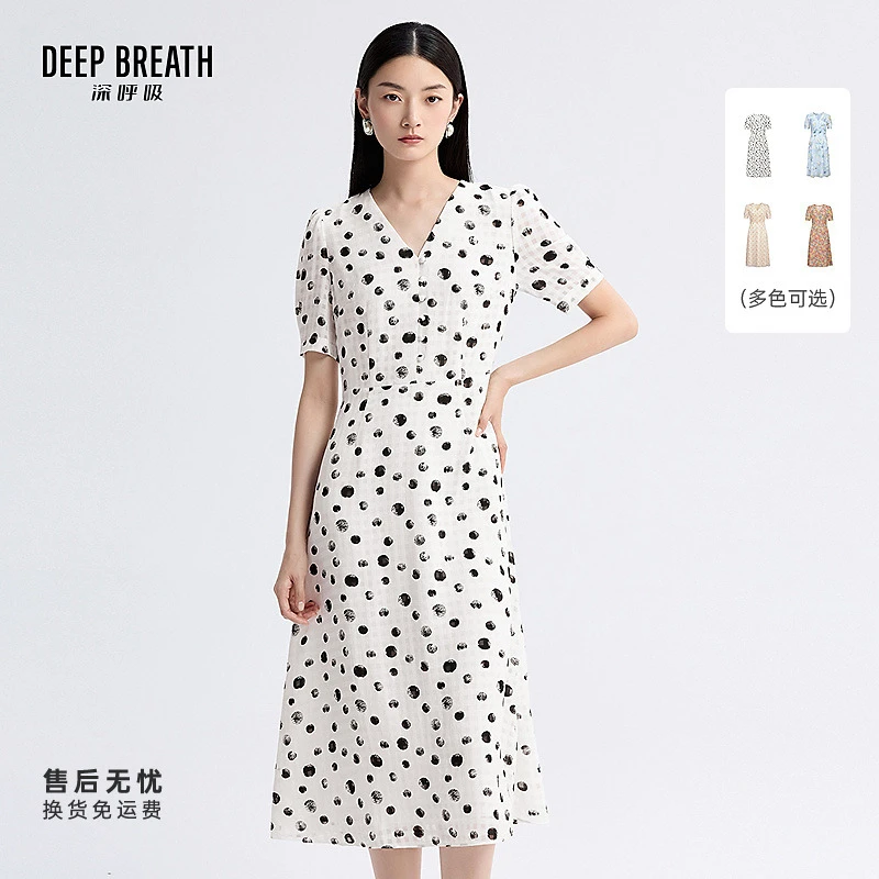 DEEP BREATH深呼吸女装新款V领泡泡袖法式度假风连衣裙A500197