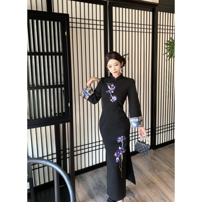 苏故里【墨韵含花】冬款文艺气质修身高端日常旗袍奢华气质衣长125