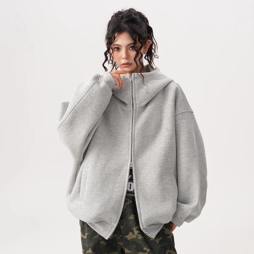 纯色灰色连帽卫衣女秋冬季新款加绒加厚潮牌休闲宽松开衫外套上衣