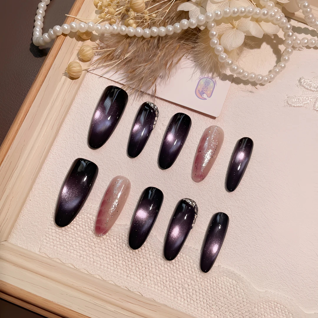 A2182『粉骨紫光』轻奢质感灵珠猫光古纹晕染钻饰纯手工制作穿戴甲