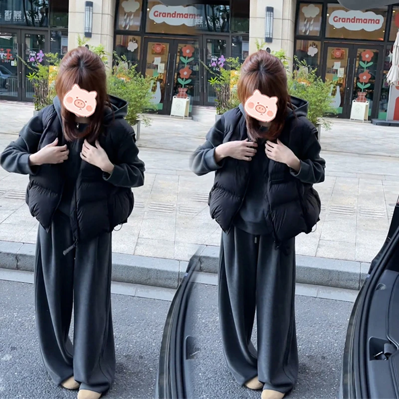 2025秋季新款穿搭一整套时尚百搭卫衣搭配马甲卫衣休闲裤三件套女