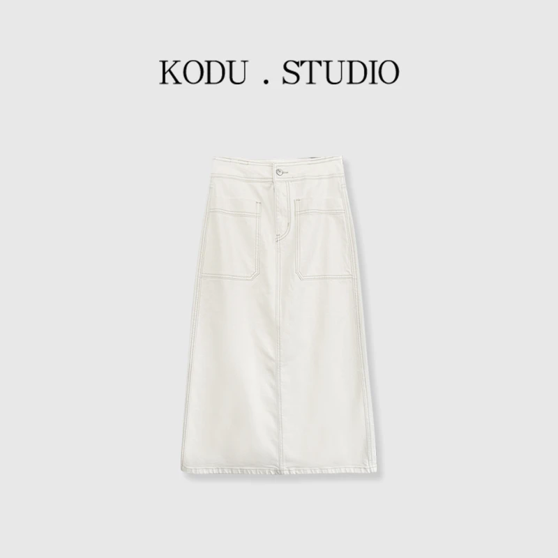 【刻度KODU】LY-5098春夏季高腰宽松显瘦开叉米白牛仔中长款半身裙
