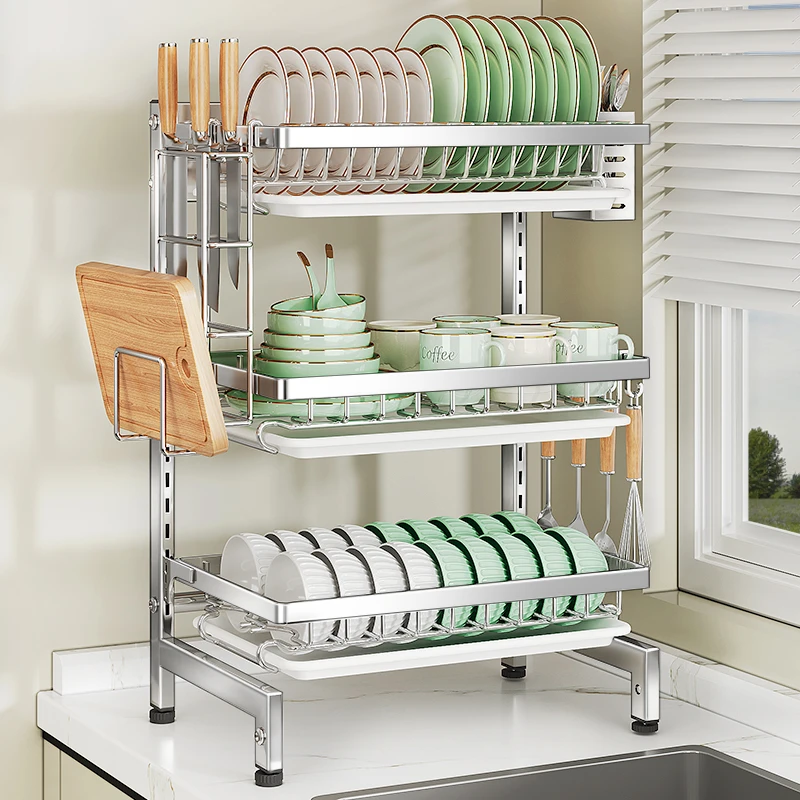 不锈钢碗碟收纳架厨房多功能置物架台面沥水架可调节双层碗架