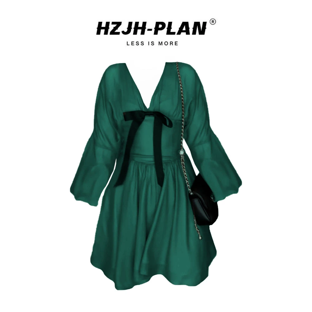 法式清冷感贵系蝴蝶结V领连衣裙女早秋气质高级感显瘦漂亮短裙子