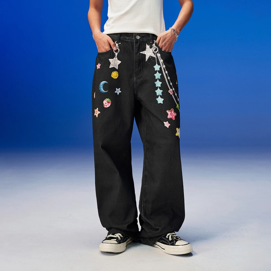 OKME糖果星星链条牛仔裤微阔版型牛仔男女同款四季百搭潮流风