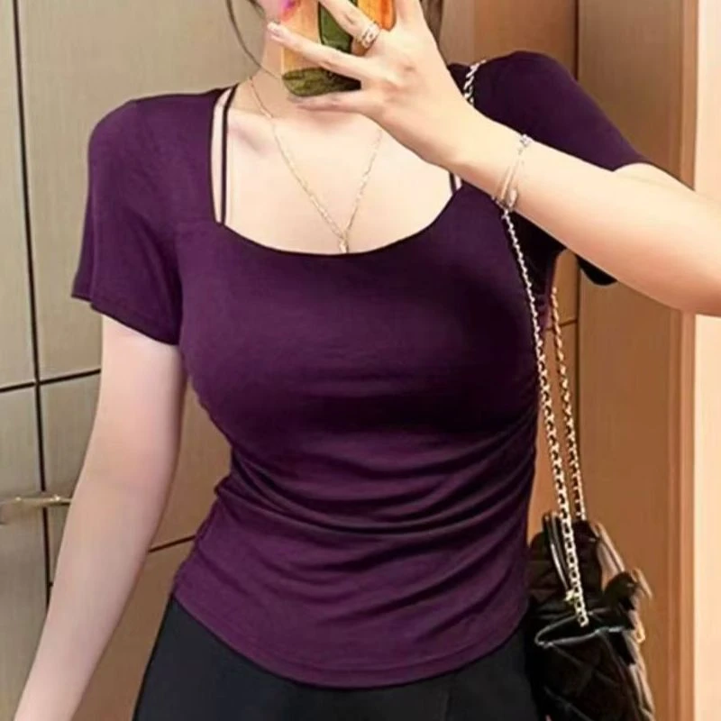 （小酥肉）假两件短袖t恤女春夏设计感小众甜酷方领短袖028