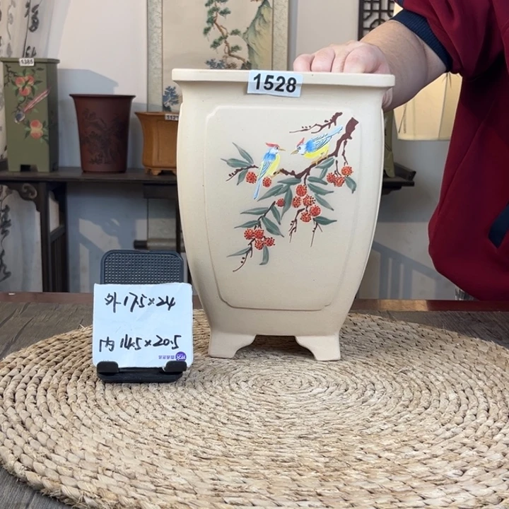 紫砂花盆  白玉段奎面荔枝手绘高四方1528