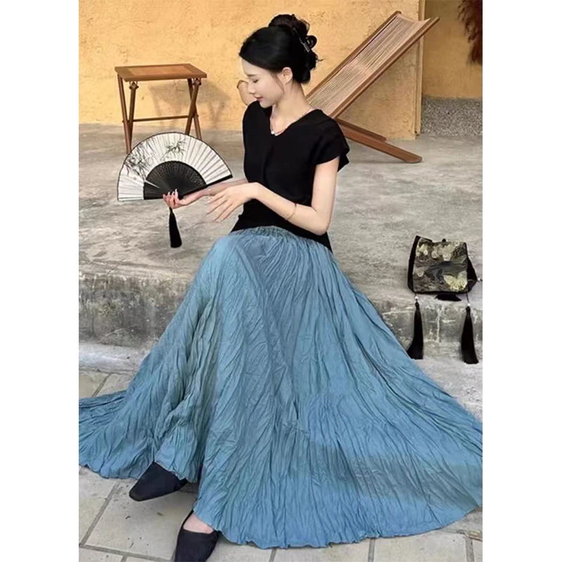 【华姐&原创】8028高腰薄款长裙半身裙春夏百搭夏季褶皱垂感网纱裙