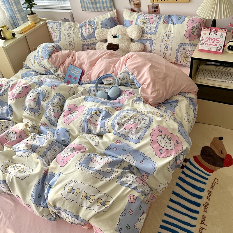 ins风少女心卡通水洗棉床品四件套宿舍三件套可爱床单被套A类