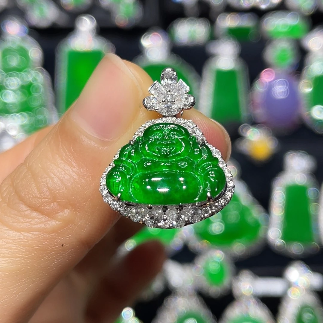 翡翠吊坠(不含链)18K金镶嵌佛公吊坠