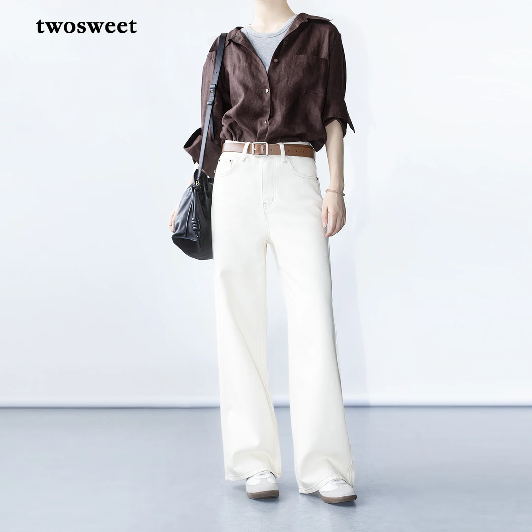twosweet【白裤子标杆升级版】垂顺莱赛尔高腰直筒宽松牛仔裤春秋