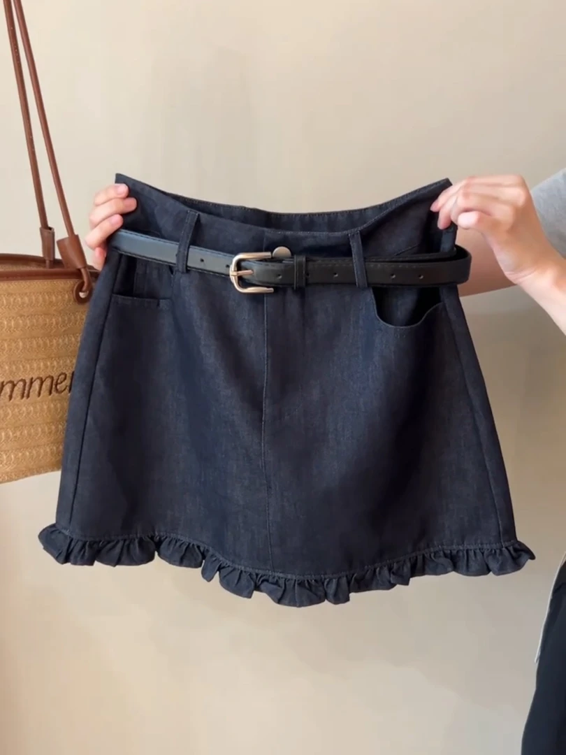 美式木耳边拼接A字牛仔短裙女辣妹小个子百搭高腰显瘦半身包臀裙