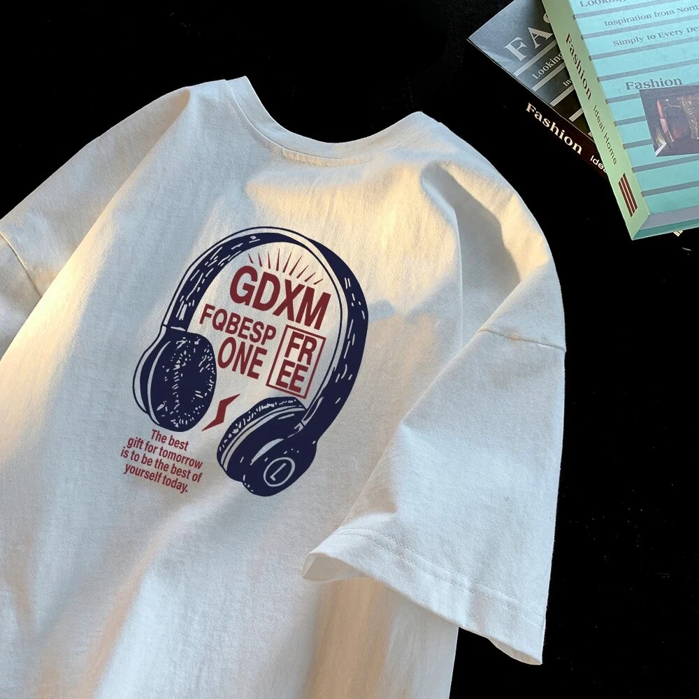 ins休闲耳机印花重磅纯棉短袖T恤男美式复古夏季宽松圆领短袖t恤