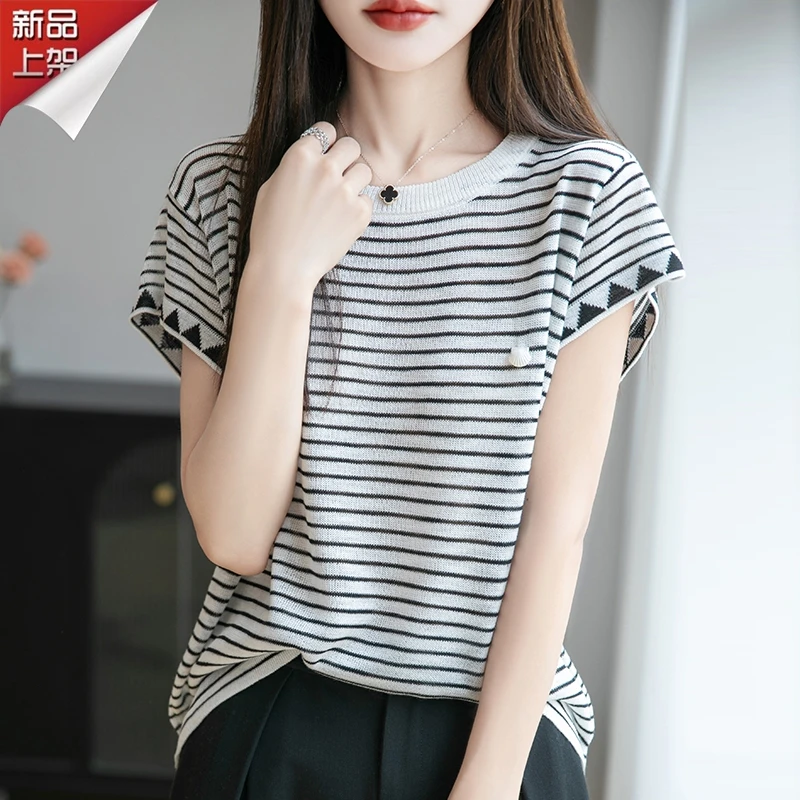 品牌专柜2025夏季新款圆领条纹短袖T恤贝壳洋气宽松针织衫上衣女