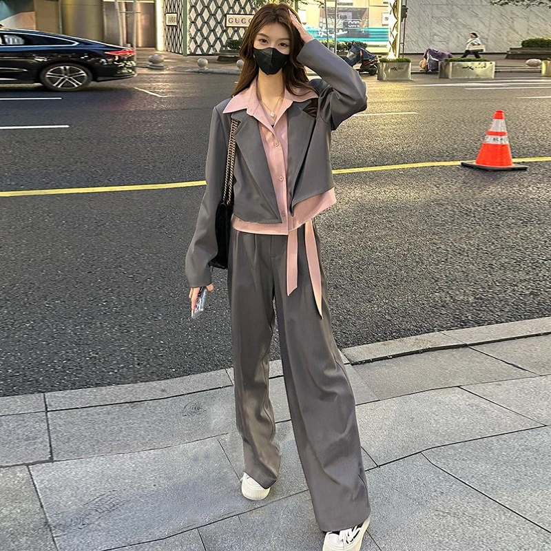 2025新款春季休闲时尚假两件西装短款套装女高级网红洋气炸街女装