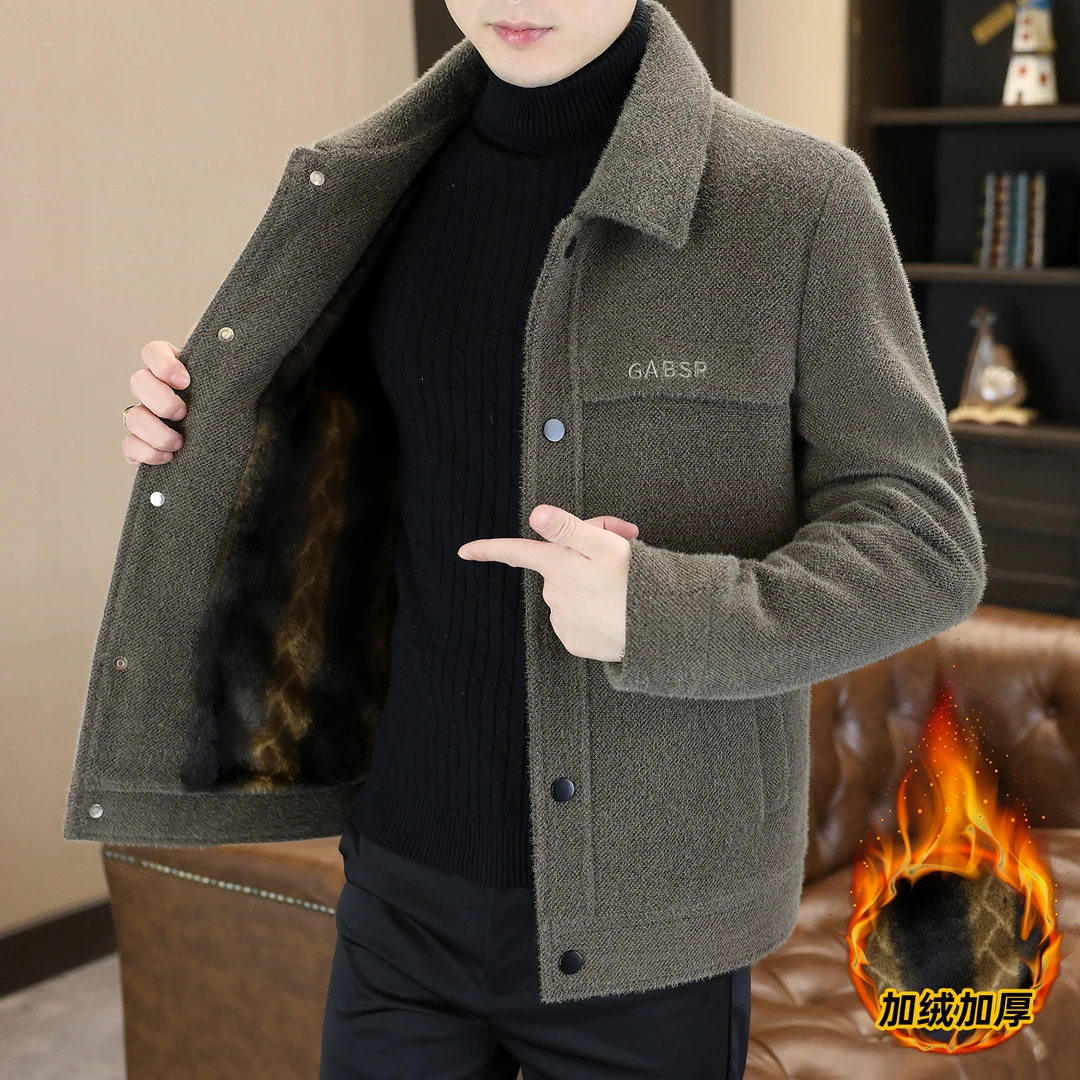 高档翻领加绒加厚夹克毛呢外套男士秋冬时尚休闲呢子大衣男装2858