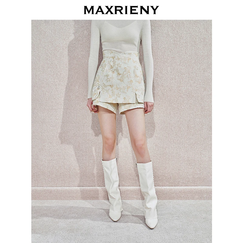 【蜜思仝】MAXRIENY鎏金提花高腰短裤24冬高级气质感修身阔腿裤女