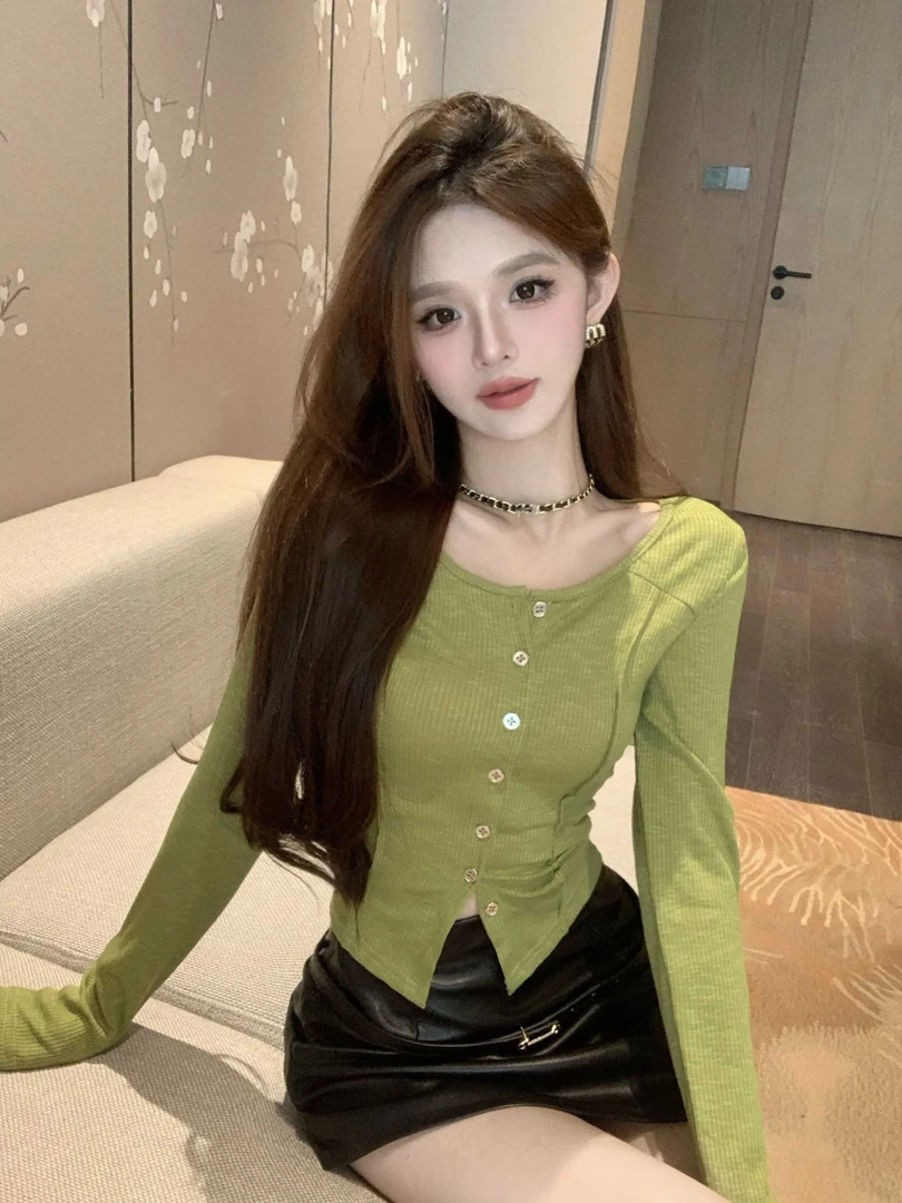 绿色半开领长袖T恤女秋冬季新款纯欲辣妹修身短款上衣内搭打底衫