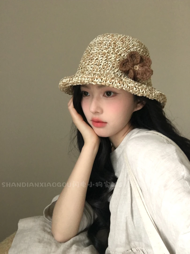 手工毛线花可拆卸*草编渔夫帽女夏季牛仔遮阳帽草帽太阳帽草编帽