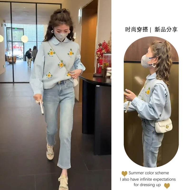 春季休闲洋气穿搭女韩版时尚百搭气质长袖衬衫针织马甲牛仔裤三件