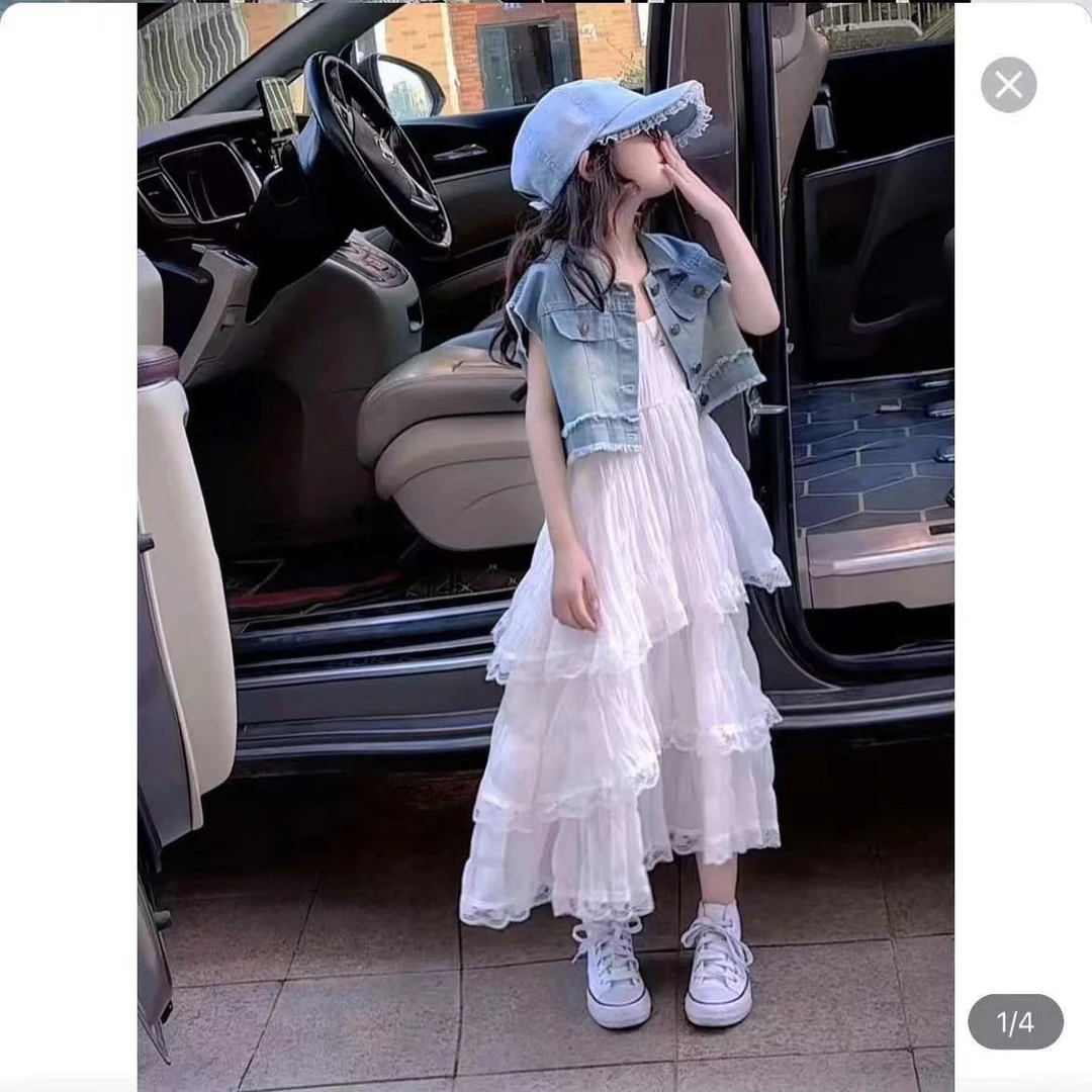 女童夏季休闲纯色少女套装蛋糕裙显瘦时尚气质牛仔洋气吊带连衣裙