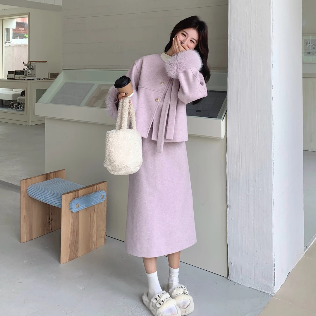 紫色千金小香风毛呢外套半身裙两件套女秋冬一整套穿搭高级感套装