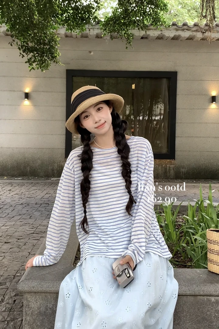 2451 “氧气少女”自留～韩系通勤防晒长袖条纹T恤