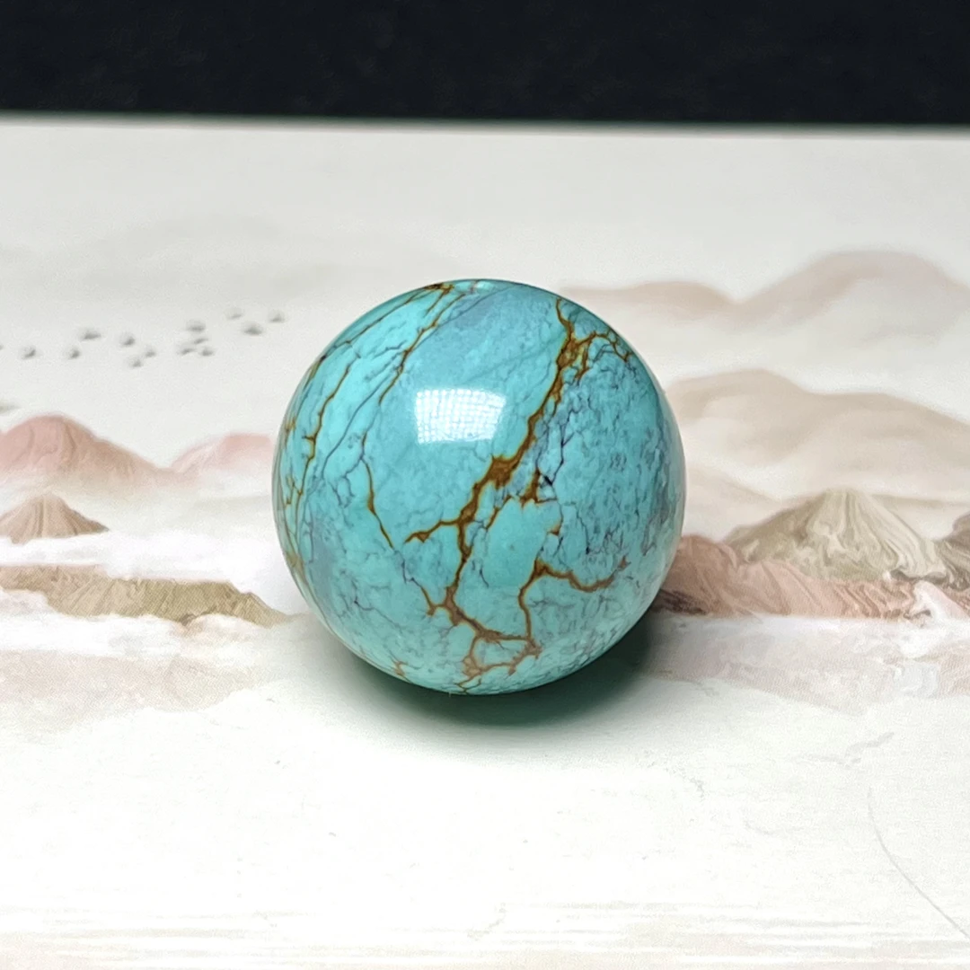 原矿高瓷无优化绿松石圆珠 直径20mm重11.5克雾霾蓝金线纹雾霾紫