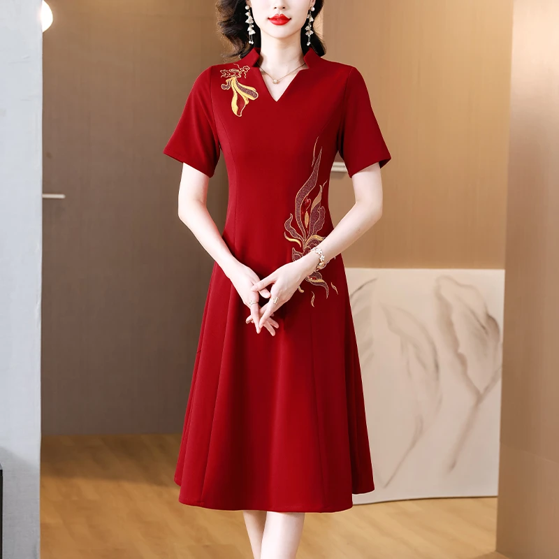 酒红色夏季新款喜婆婆婚宴会夏季高端丈母娘婚礼服旗袍妈妈装裙子